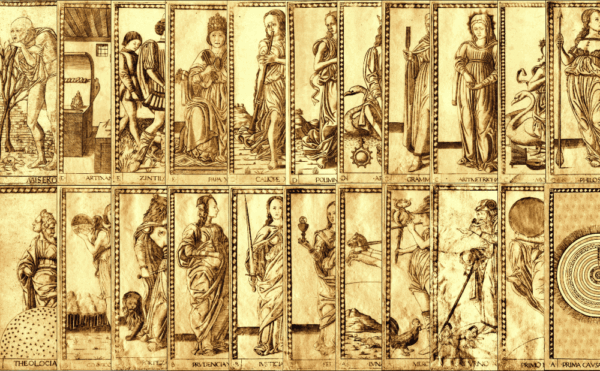 mazo de tarot de mantegna extendido donde figuran estas cartas en tonos ocre de símbolos renacentistas