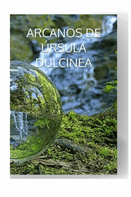 Portada del libro Arcanos Úrsula Dulcinea con bola de cristal en el bosque, reflejando la carta El Mundo del tarot de arcanos.